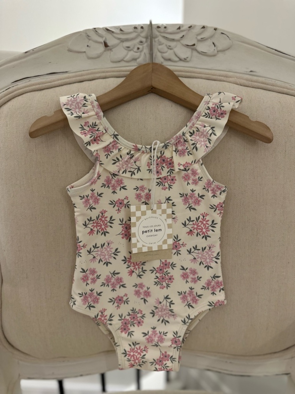 🤍 6~12 Mth Petit Lem Pink Ditsy Floral Ivory One Piece Ruffle Baby Swimsuit NWT